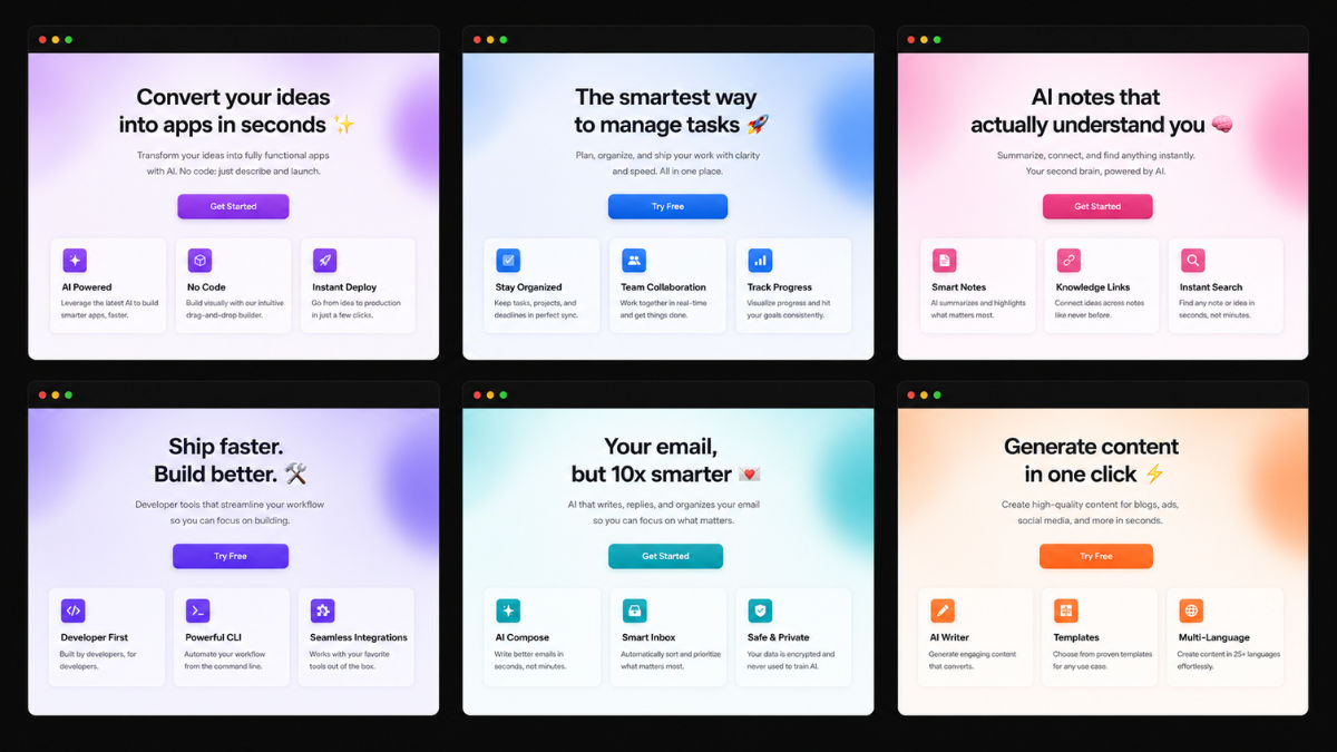 Grid of AI-generated landing pages from 2026 showing how visually similar most indie products have become