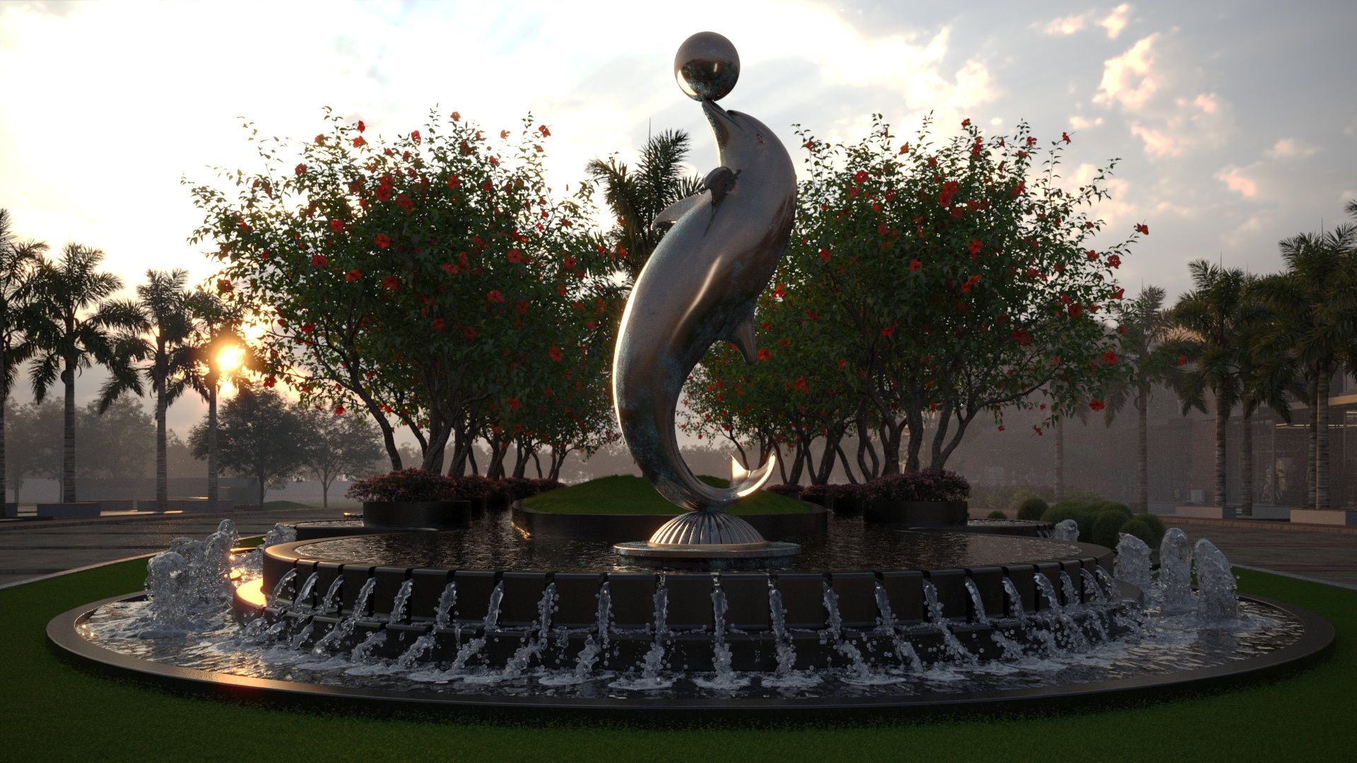 Ultra-Luxury Waterfront Villa Lagoon & Fountain — Palm Jumeirah — 3D Architectural Rendering in Dubai by SQUAREI Studio