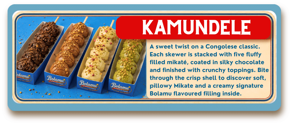 Chocolate-coated filled Mikate skewers in four Bolamu flavours