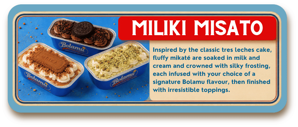 Three Miliki Misato tres leches desserts in Bolamu-branded blue trays