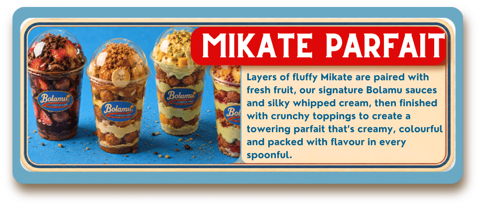 Four layered Mikate parfaits with fruit, sauces and Bolamu branding