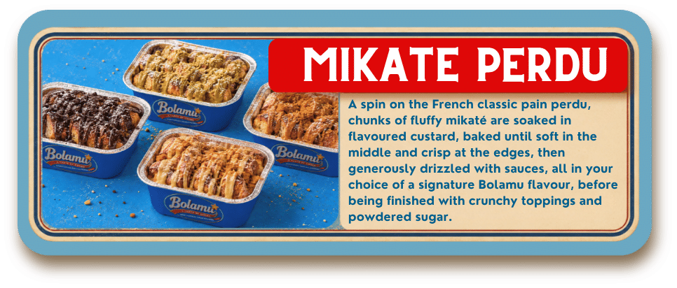 Mikate Perdu baked in Bolamu-branded blue trays with assorted flavour toppings