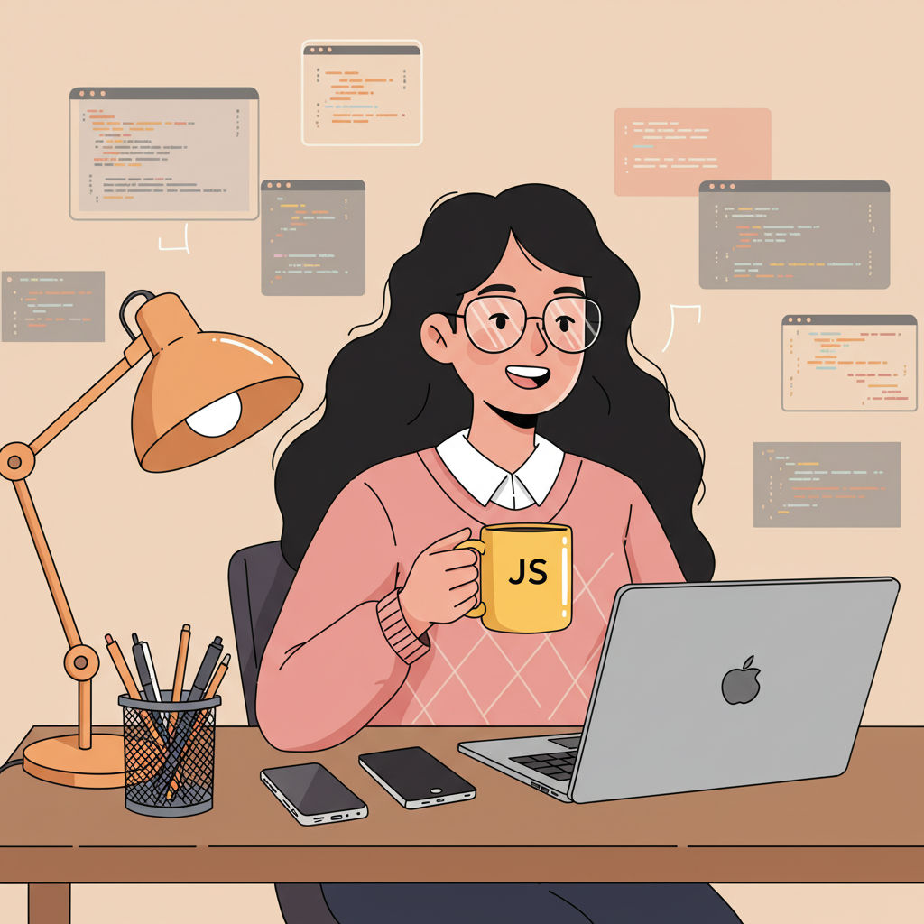 Illustration of a smiling female developer holding a "JS" mug while working on a laptop at a desk, with code snippets floating in the background.