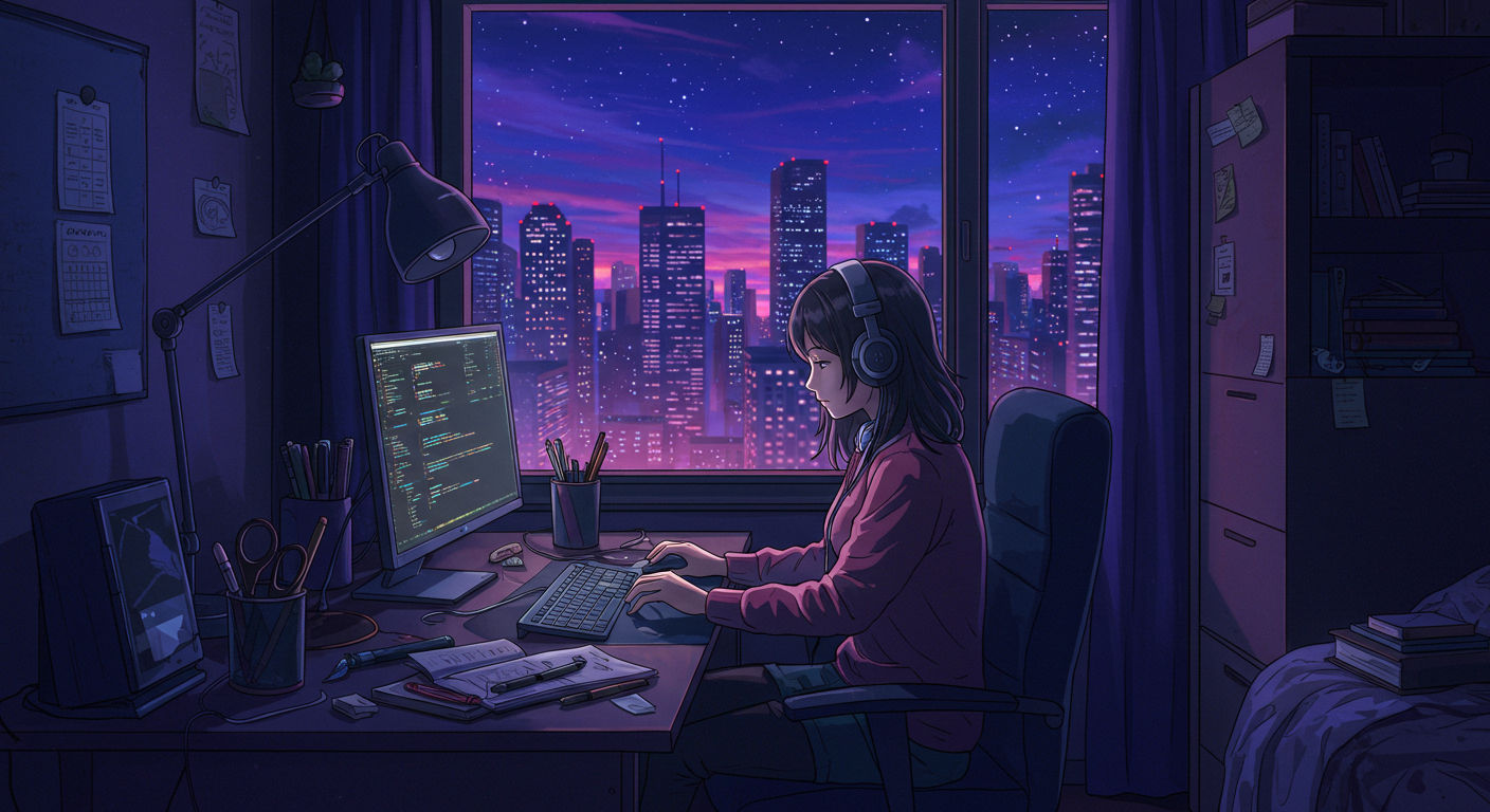 An anime-style illustration of a coder girl working at her computer late at night, wearing headphones and focused on coding, with a peaceful city skyline glowing through the window behind her, capturing the calm and dreamy vibe of a late-night coding session.