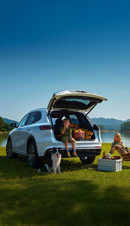 Geely Starray EM i with tailgate open and family plus dog enjoying picnic