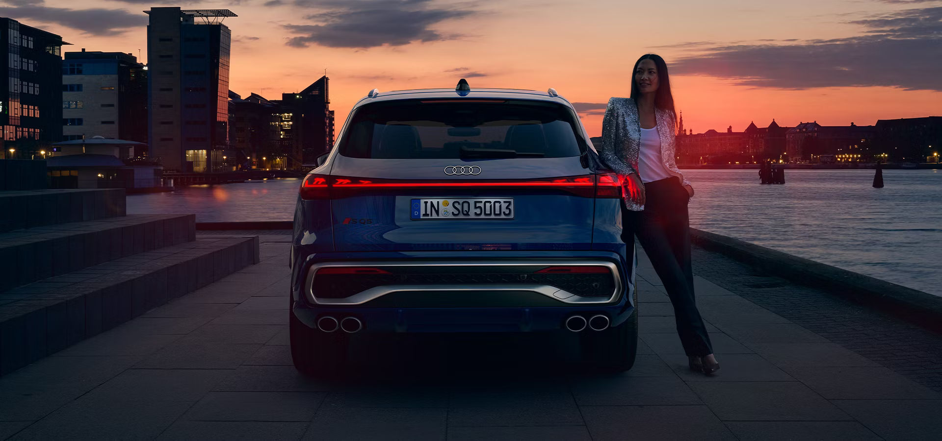 Audi SQ5 from rear during sunset