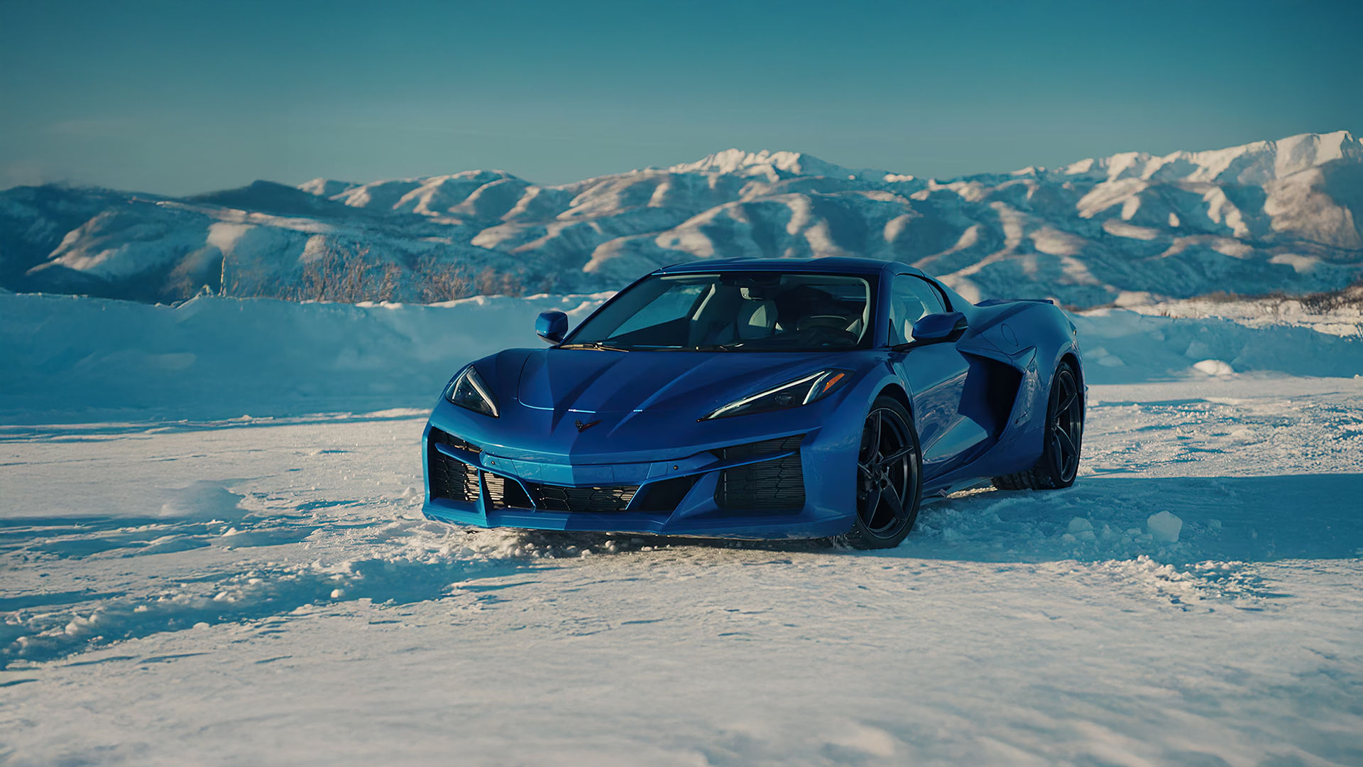 Blue Corvette E-Ray in the Snow