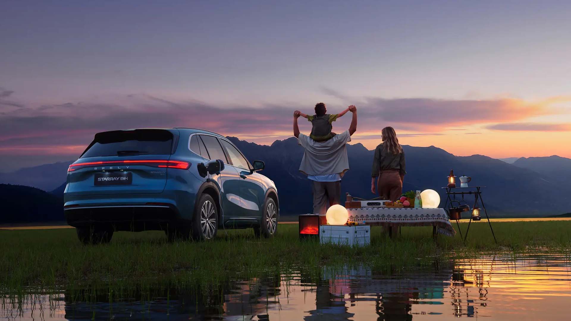 Geely Starray EM i rear and family of three enjoying the sunset