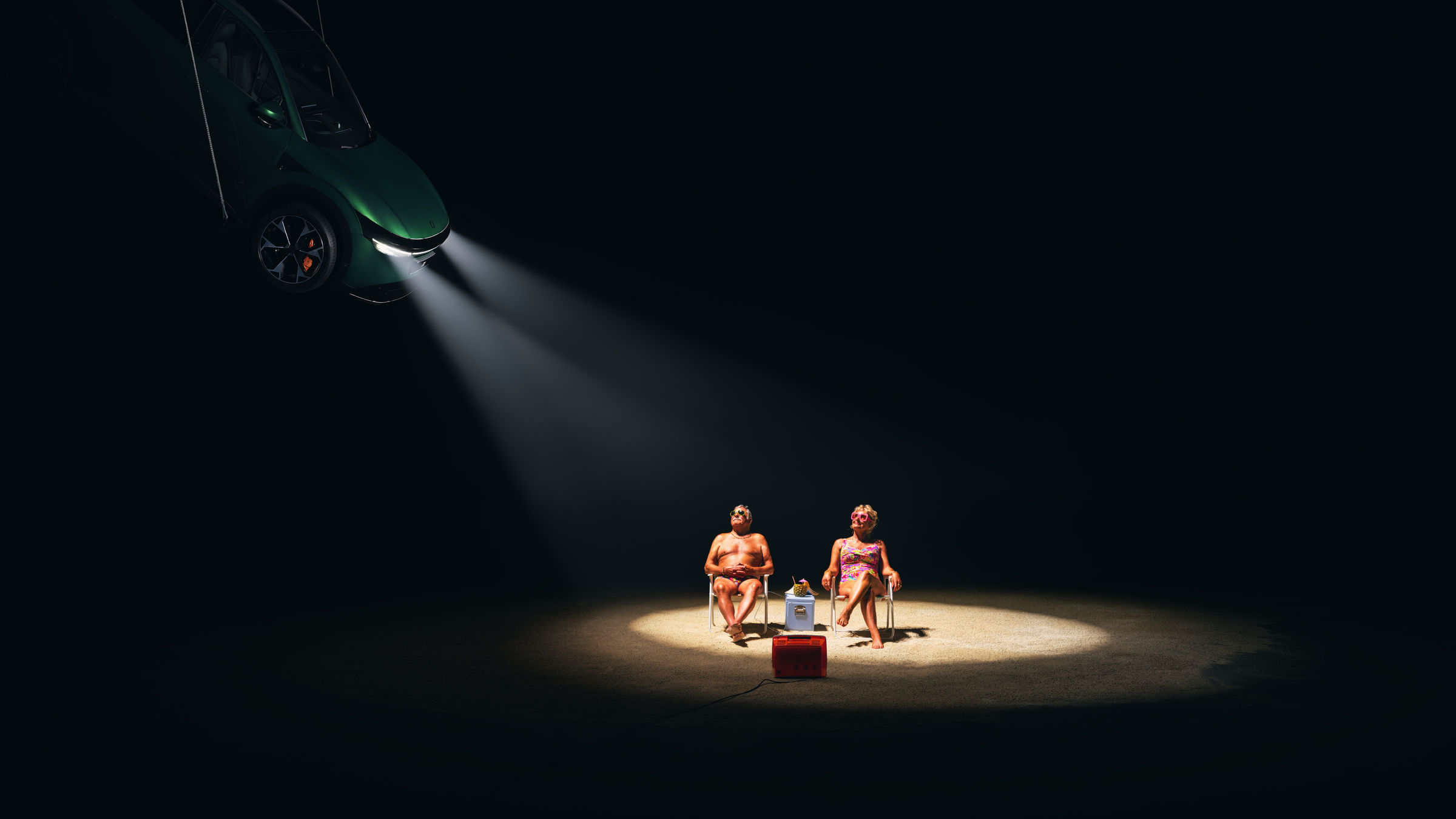 Sunburn — one of seven scenes built and photographed by hand for the ZEEKR and Taika Waititi Spotlight exhibition, lit by a suspended ZEEKR 7X.