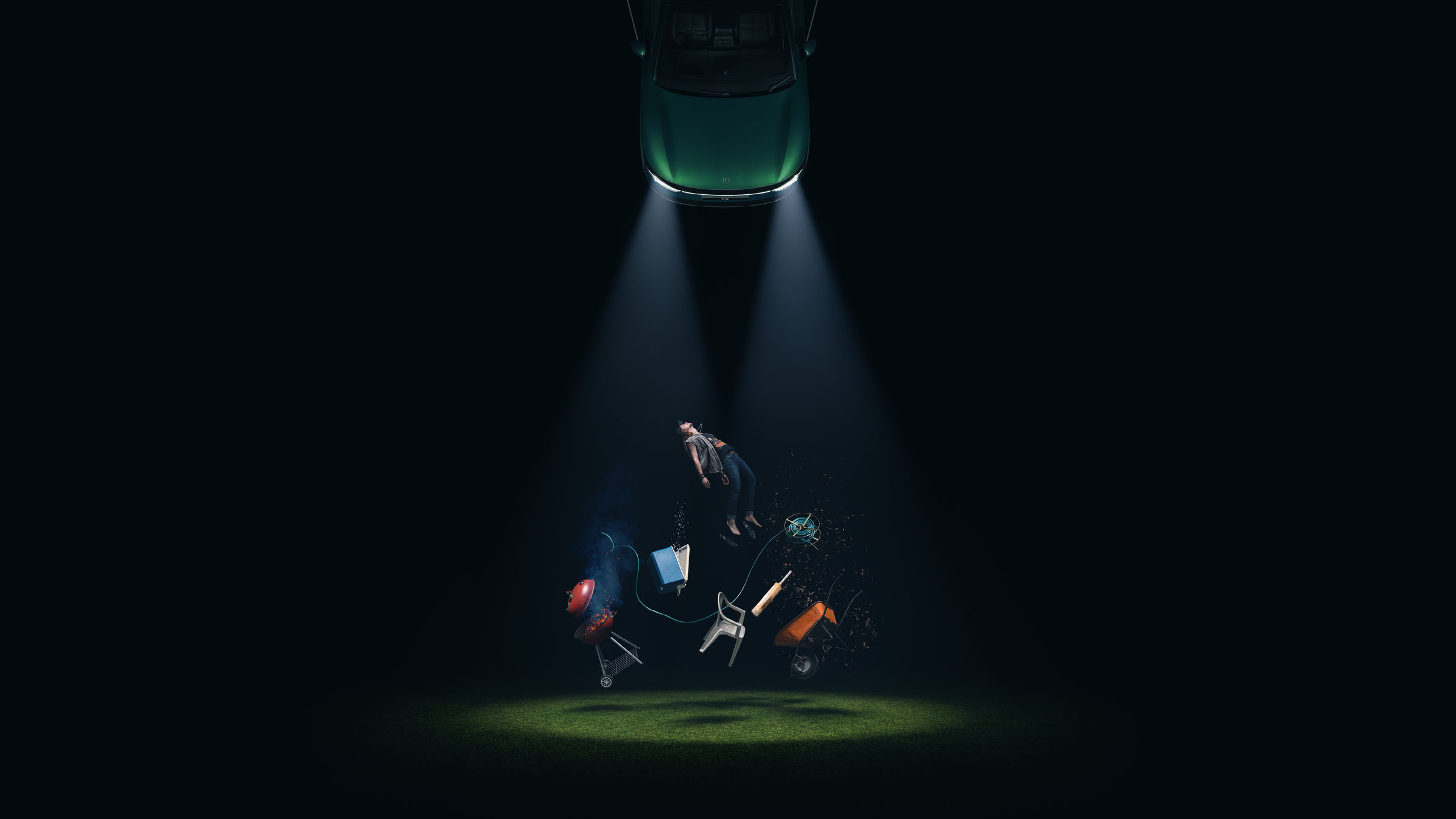 UFO — one of seven scenes built and photographed by hand for the ZEEKR and Taika Waititi Spotlight exhibition, lit by a suspended ZEEKR 7X.