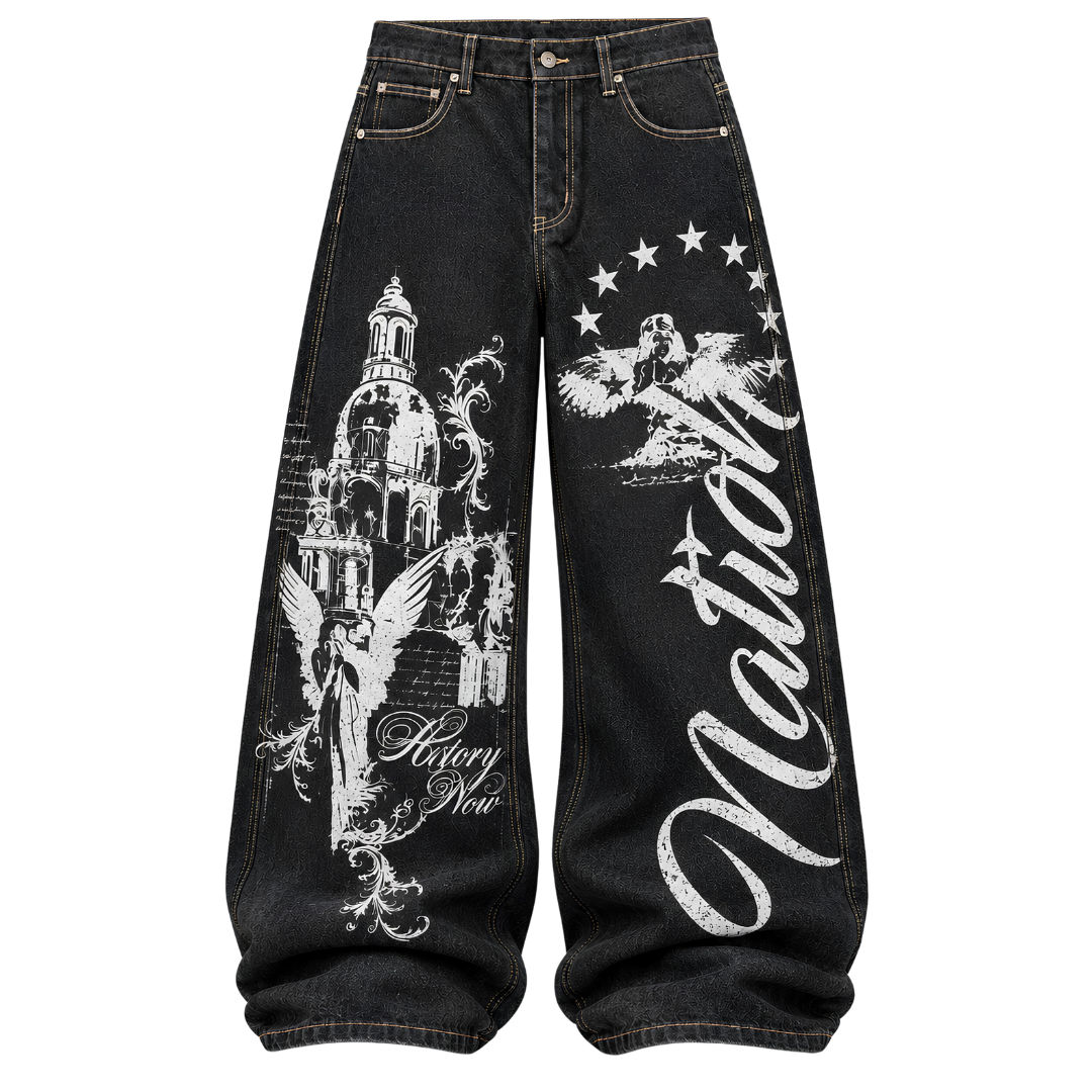 Black Colord Super Baggy Y2K Printed Jeans