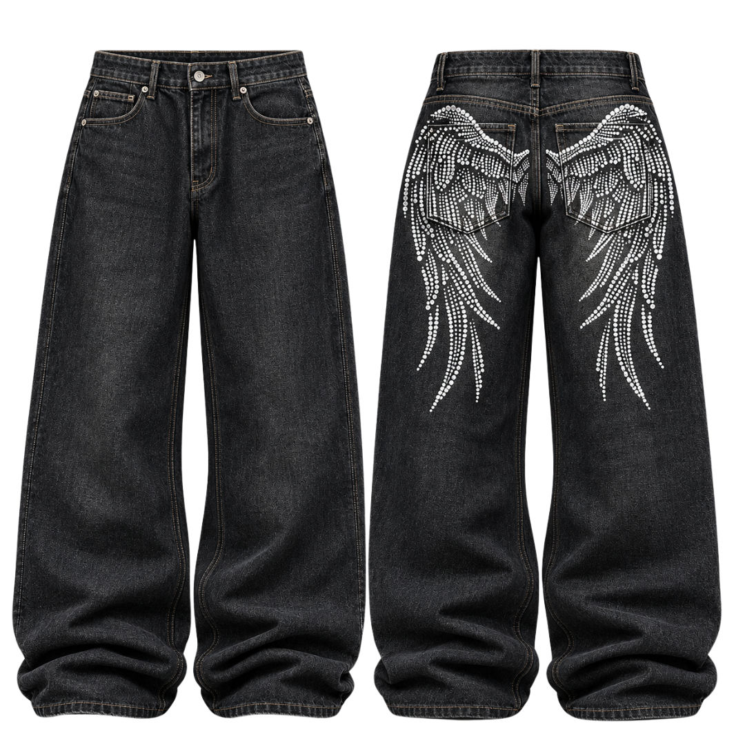 Black Colord Super Baggy Y2K Printed Jeans