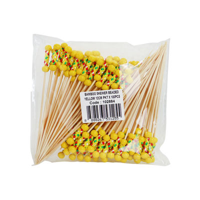 BAMBOO SKEWER YELLOW BEADED 12CM 100PC