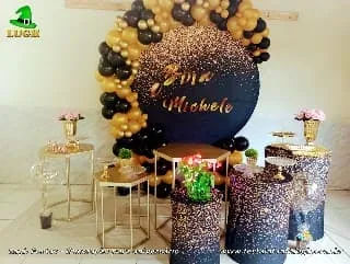 Decoração de aniversário feminino adulto tema Preto e Dourado