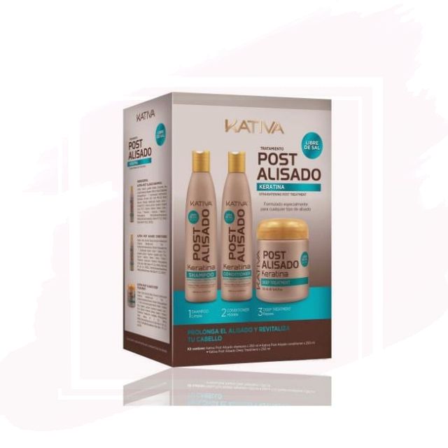 Kativa Kit Post Alisado de Keratina x3 Champú + Acondicionador + Mascarilla