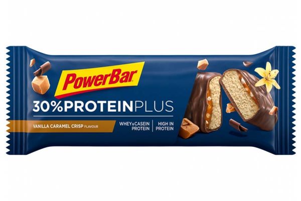 Barretta energetica PowerBar 30% Protein Plus Caramello croccante alla vaniglia x15