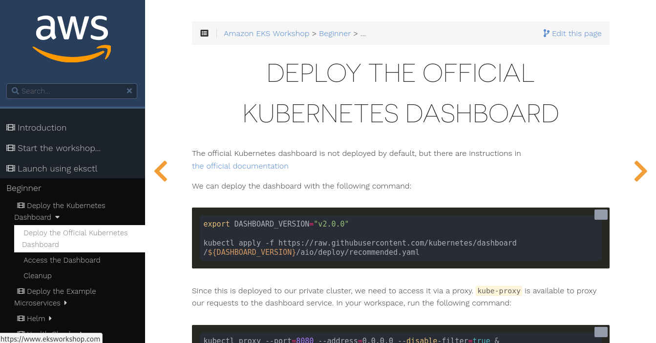 Screenshot from the AWS EKS Workshop