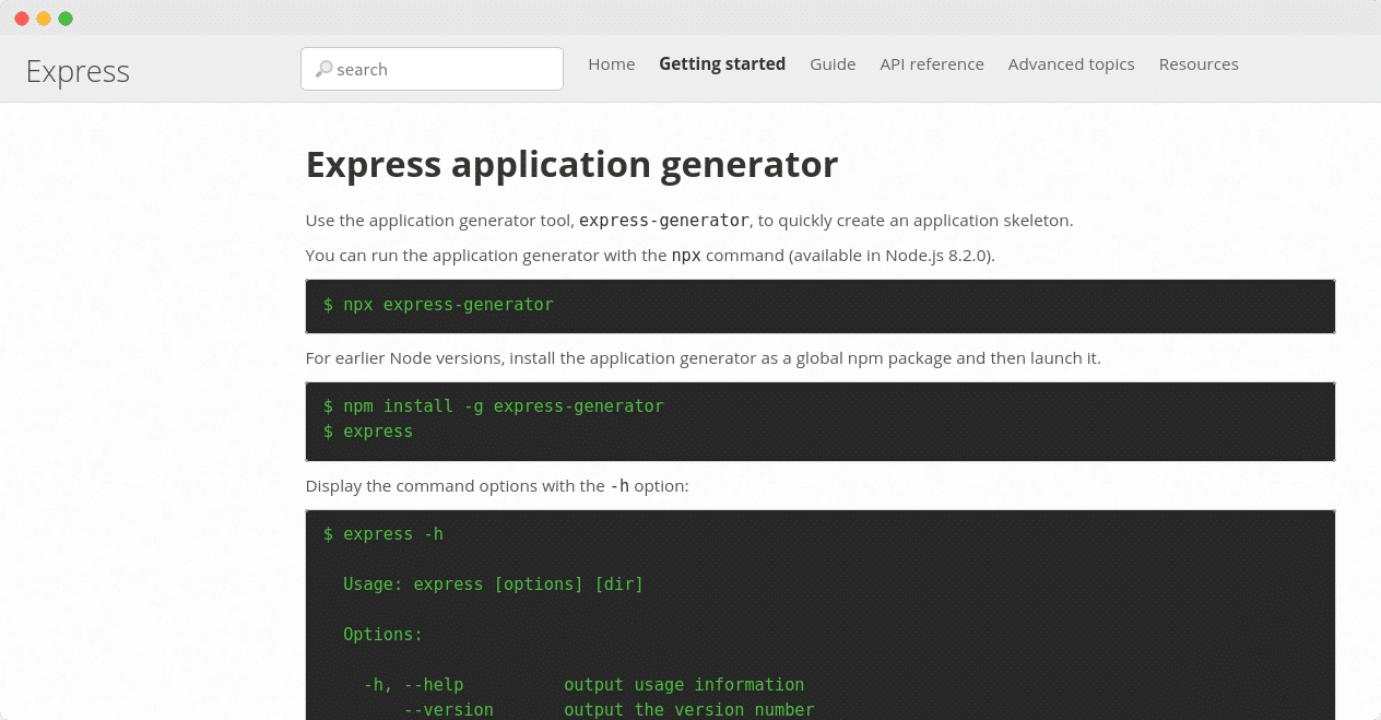 Screenshot of Express application generator documentation