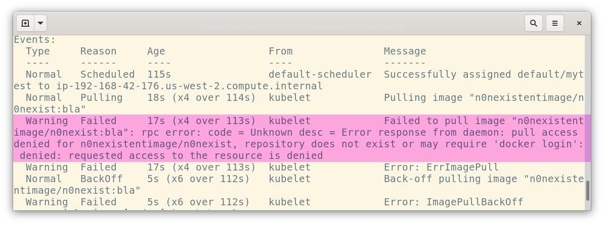 kubectl describe command showing 'repository does not exist' error