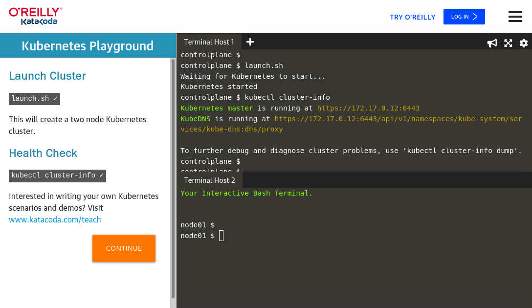 Screenshot from the Katacoda Kubernetes playground scenario