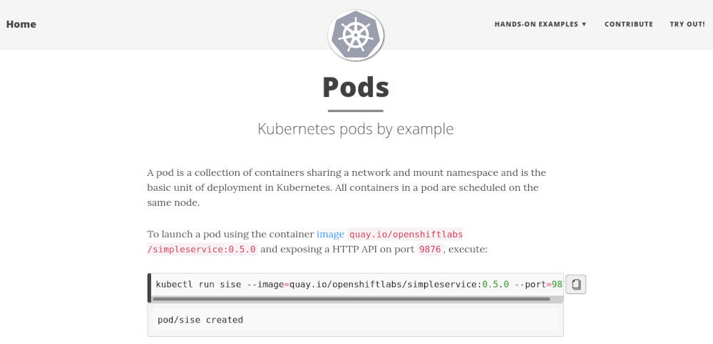 Screenshot from the Kubernetes by Example website