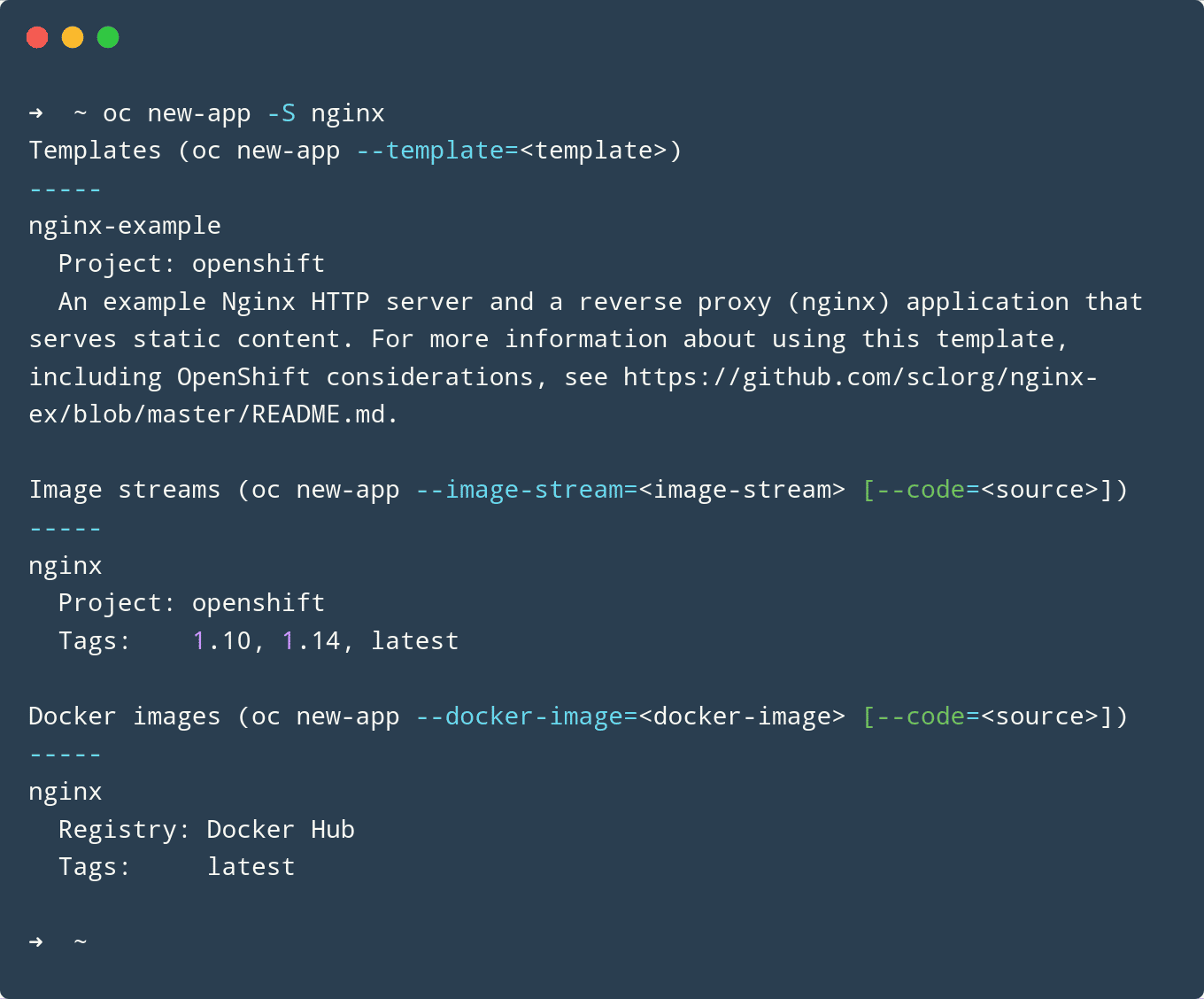Screenshot of output from oc new-app -S nginx