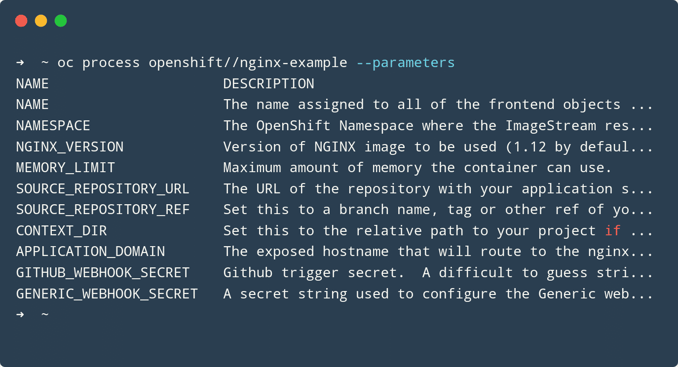 Screenshot of output from oc process --parameters