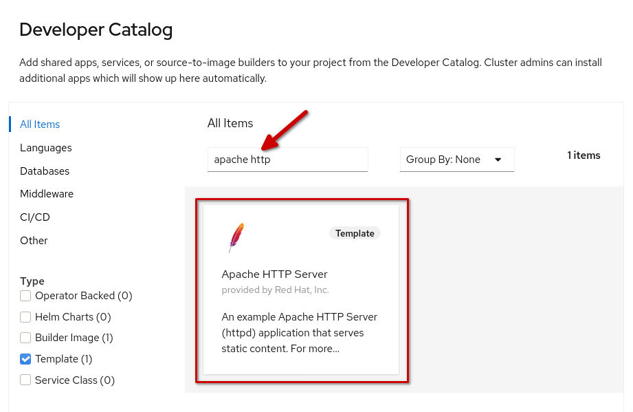 Search result for 'apache http' in the OpenShift developer catalog