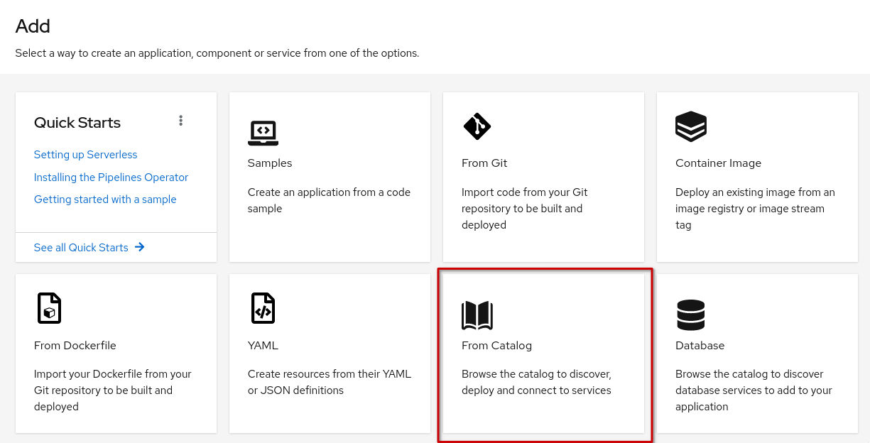 Screenshot from the Add page in OpenShift Developer console