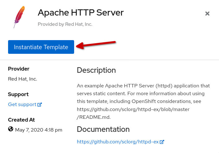 Screenshot of OpenShift Web Console instantiate template button