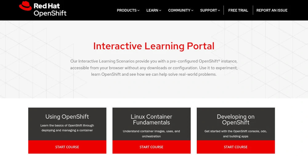 Screenshot from the Red Hat OpenShift Learning Portal homepage