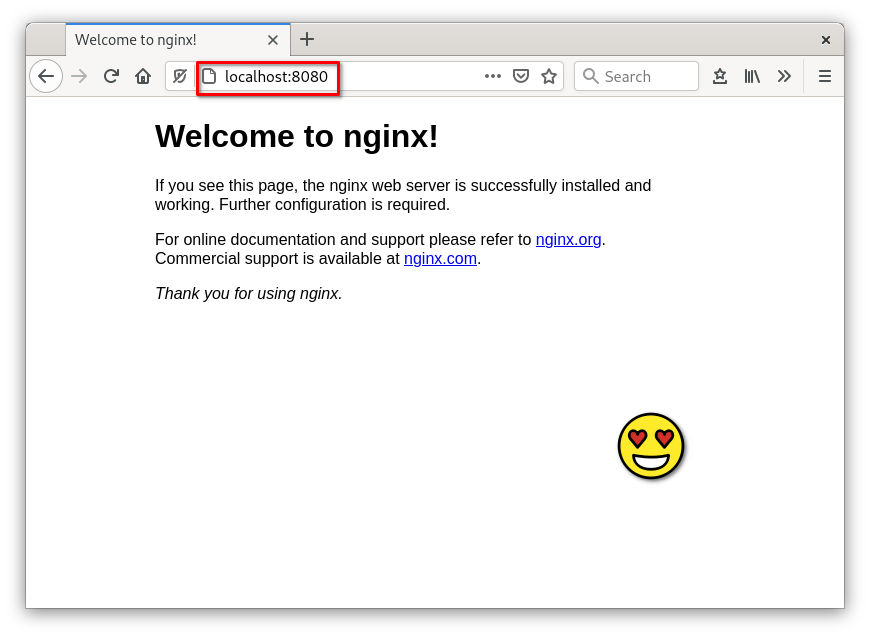 Firefox browser showing the nginx welcome page on localhost:8080