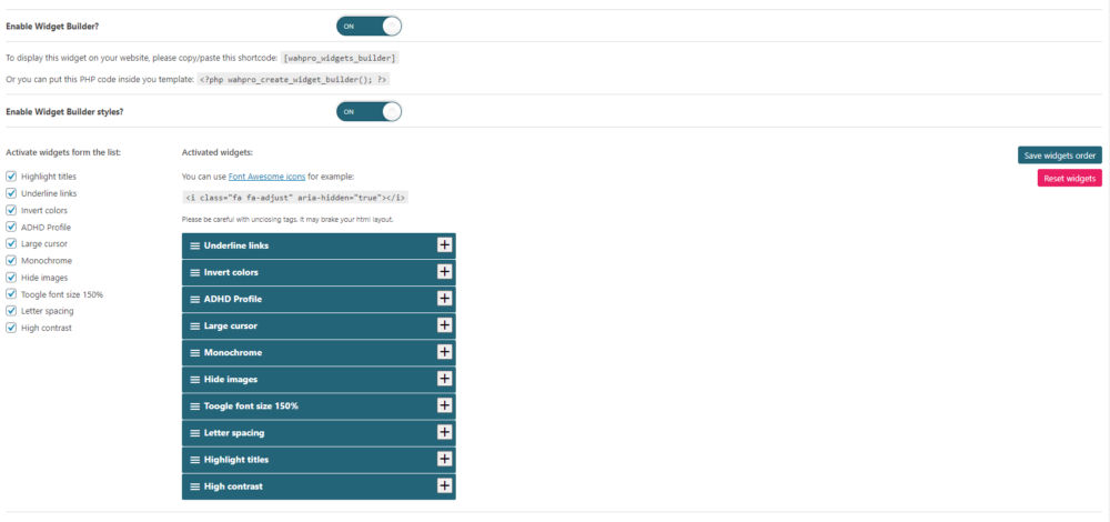 Widget builder admin menu