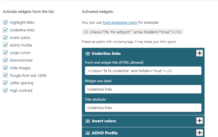 Widget builder admin menu