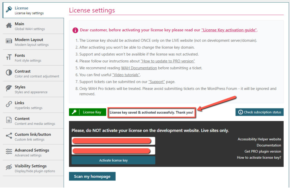 license key activated message