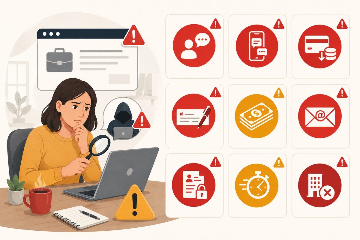 Nine red flags of work from home job scams shown as warning icons