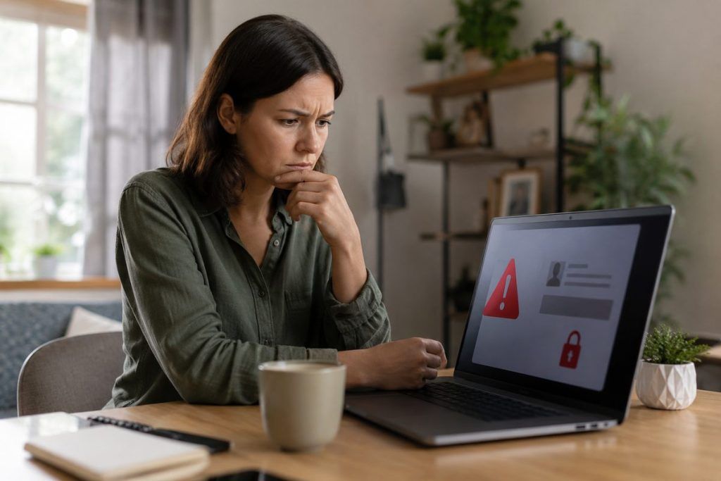 Woman looking worried at a work from home job scam warning on her laptop