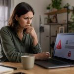 Woman looking worried at a work from home job scam warning on her laptop
