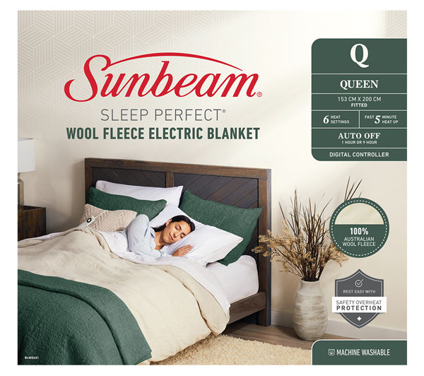 Sunbeam Sleep Perfect Wool Fleece Electric Blanket Queen 100 Gary