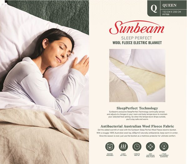 Sunbeam Sleep Perfect Wool Fleece Electric Blanket Queen 100 Gary
