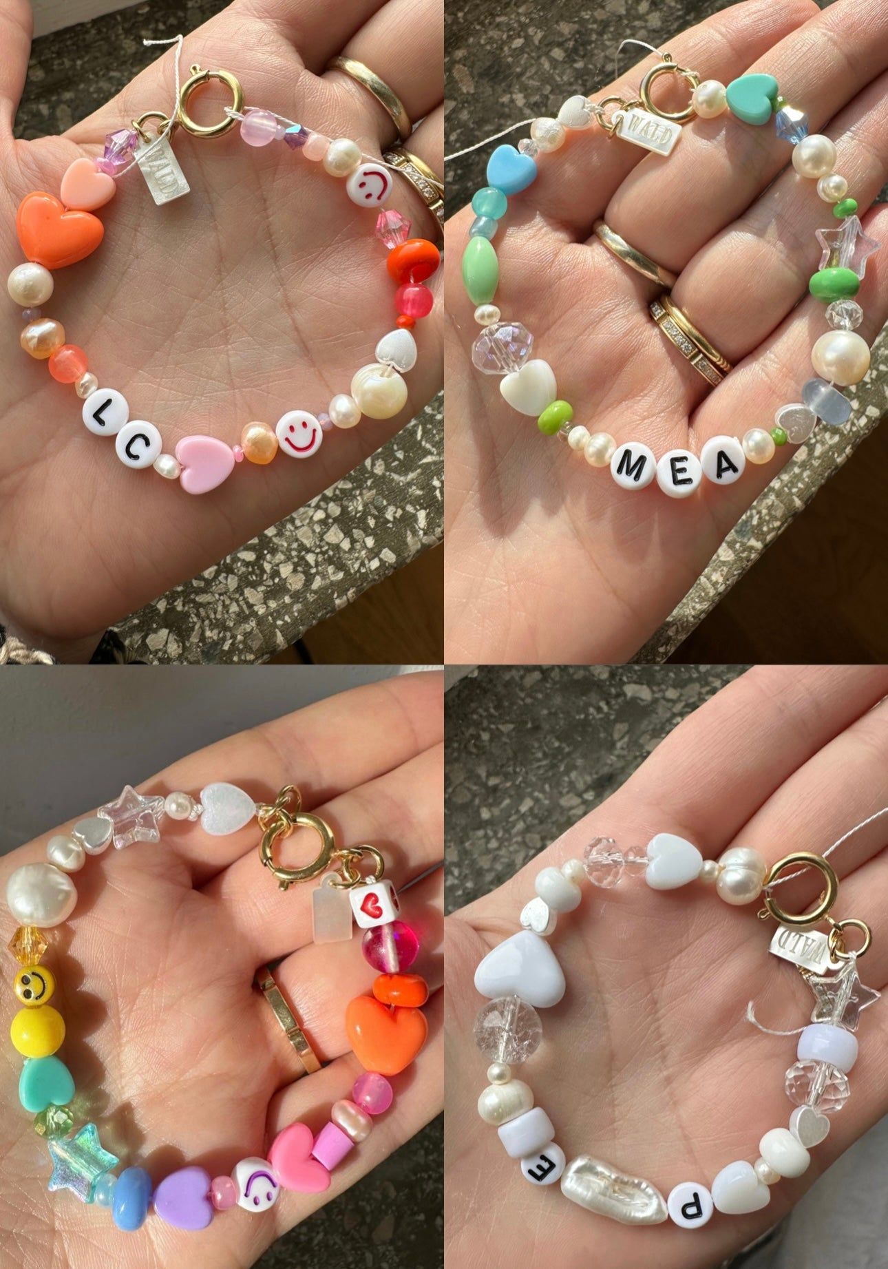 Four images showing various handmade beaded bracelets with colorful beads and letters spelling different names, crafted during a WALD World DIY Schmuck-Workshop in Düsseldorf.