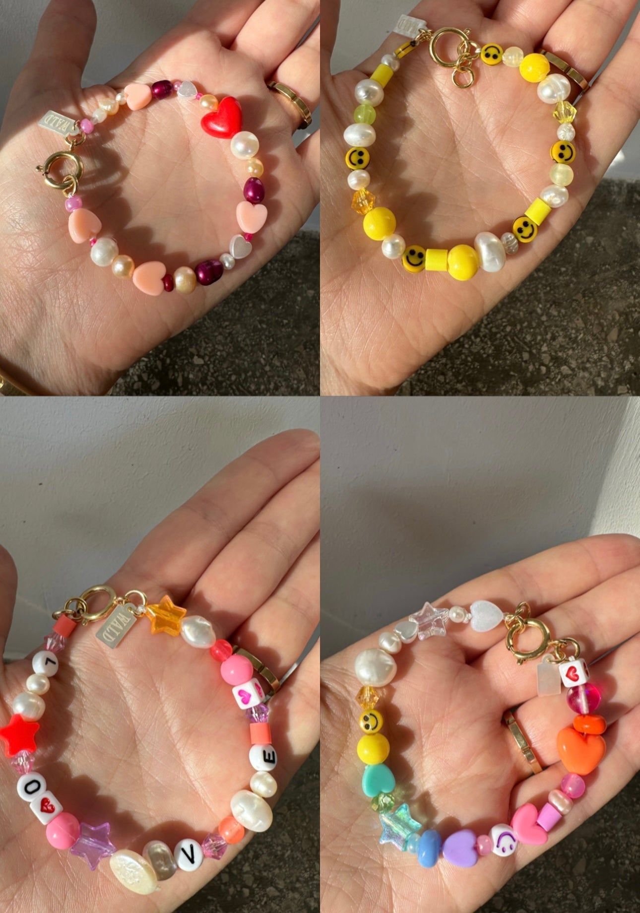 A collage of four colorful beaded bracelets with various charms and letters from the WALD Berlin DIY Schmuck-Workshop in Leipzig.