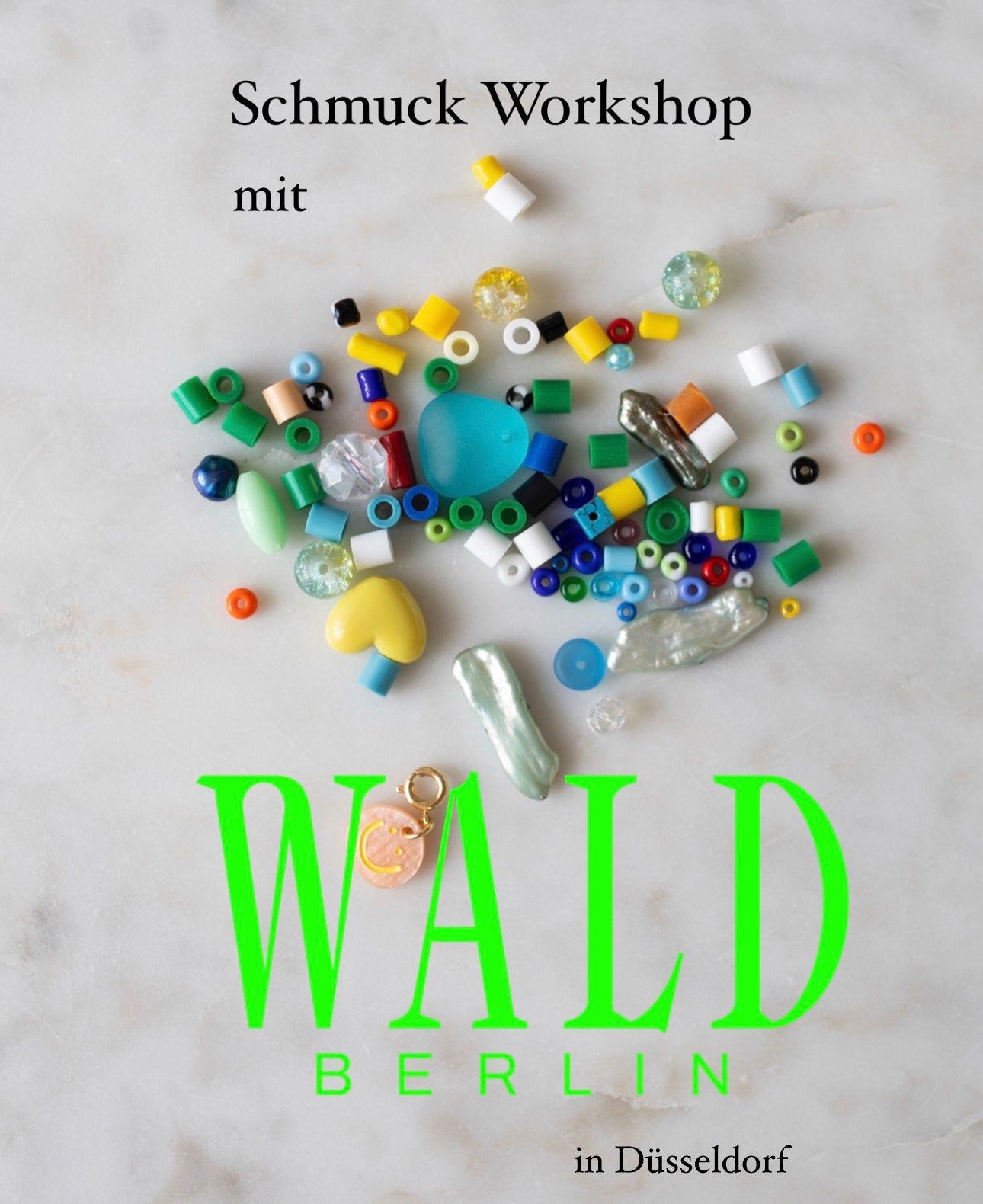 An advertisement for a jewelry workshop, featuring an array of colorful beads and charms scattered on a marble surface, with the text 