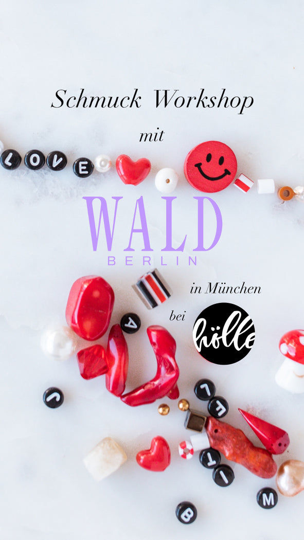 Assorted beads and jewelry-making materials arranged on a surface with text overlay advertising a DIY WALD Berlin workshop in München.