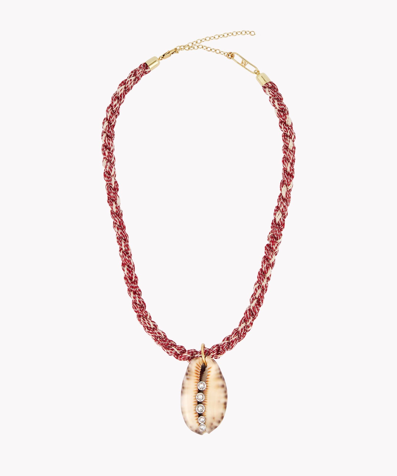 A red braided La Piscina Bootylicious Necklace With Ribbon by WALD Berlin with a gold pendant featuring a vertical row of small Swarovski stones.