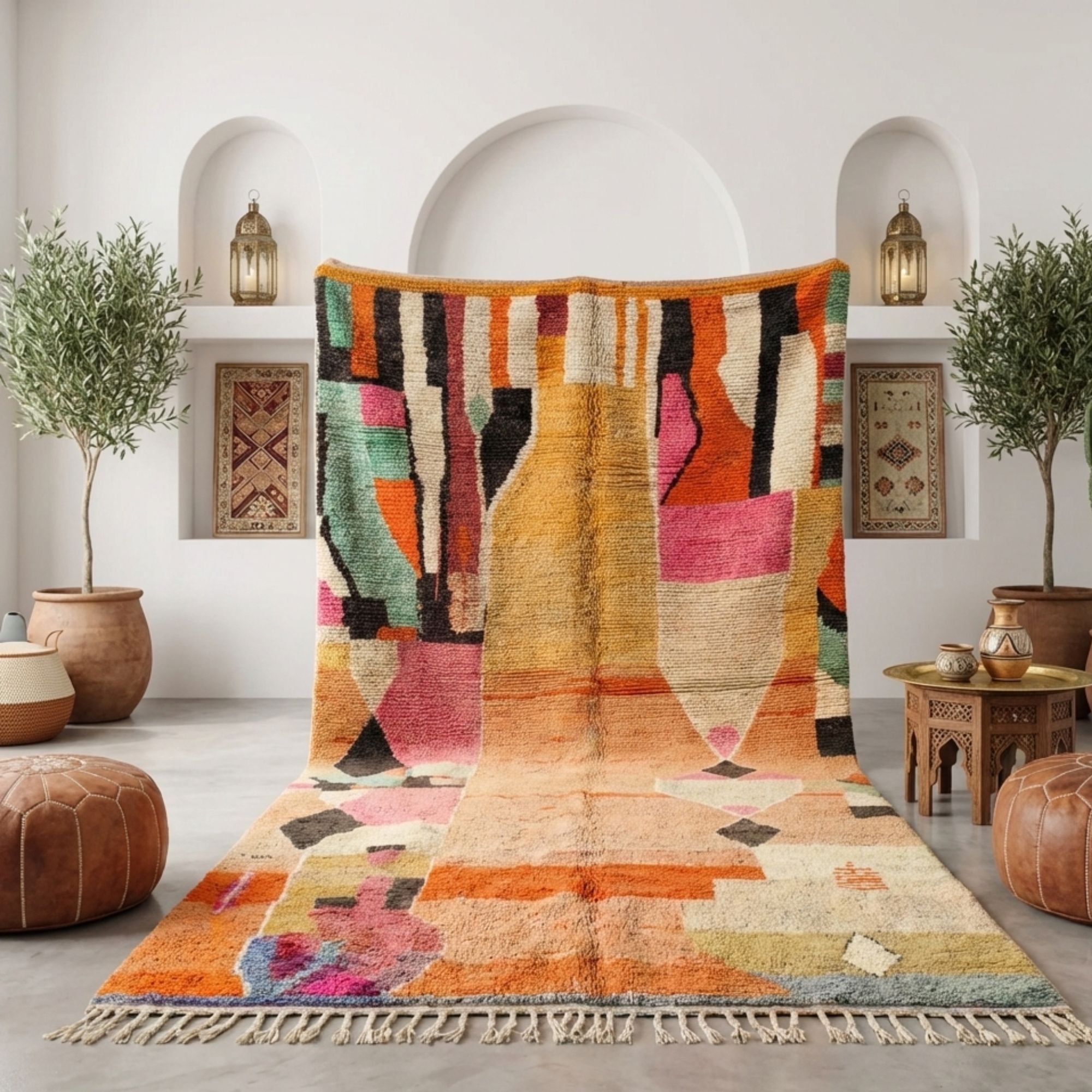 Colorful Moroccan Rug — Peach Berber Rug — Soft Abstract Style - Hand-knotted Moroccan rug, front view showing Colorful Moroccan Rug — Peach Berber Rug — Soft Abstract Style texture and colors