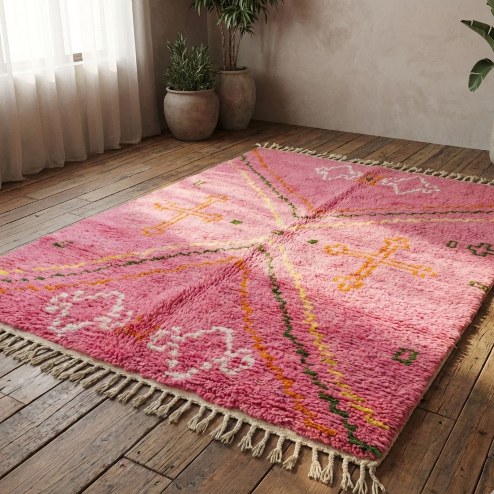 Pink Beni Ourain Rug — Boho Style - Hand-knotted Moroccan rug, front view showing Pink Beni Ourain Rug — Boho Style texture and colors