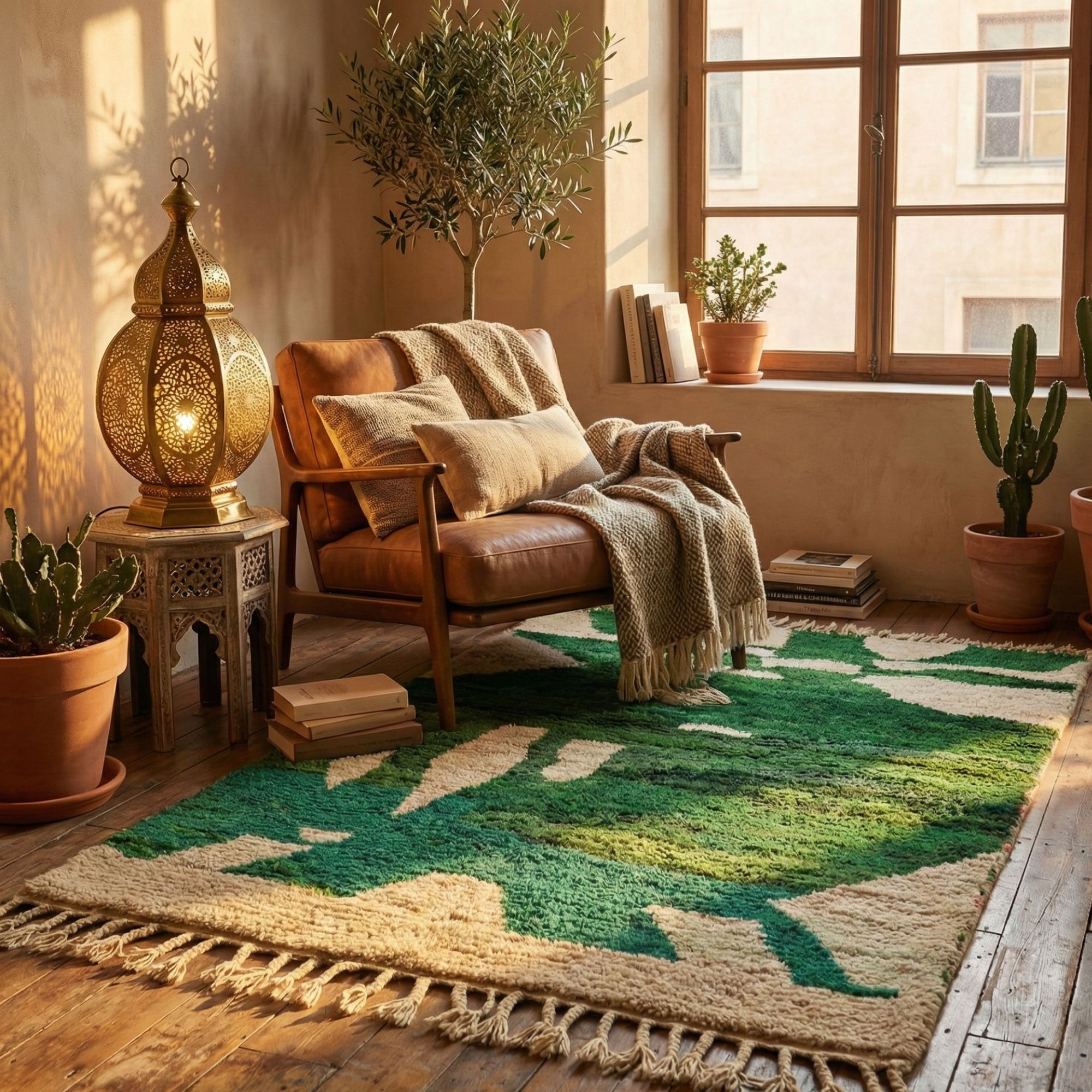 Green Geometric Rug — Living Room - Hand-knotted Moroccan rug, front view showing Green Geometric Rug — Living Room texture and colors