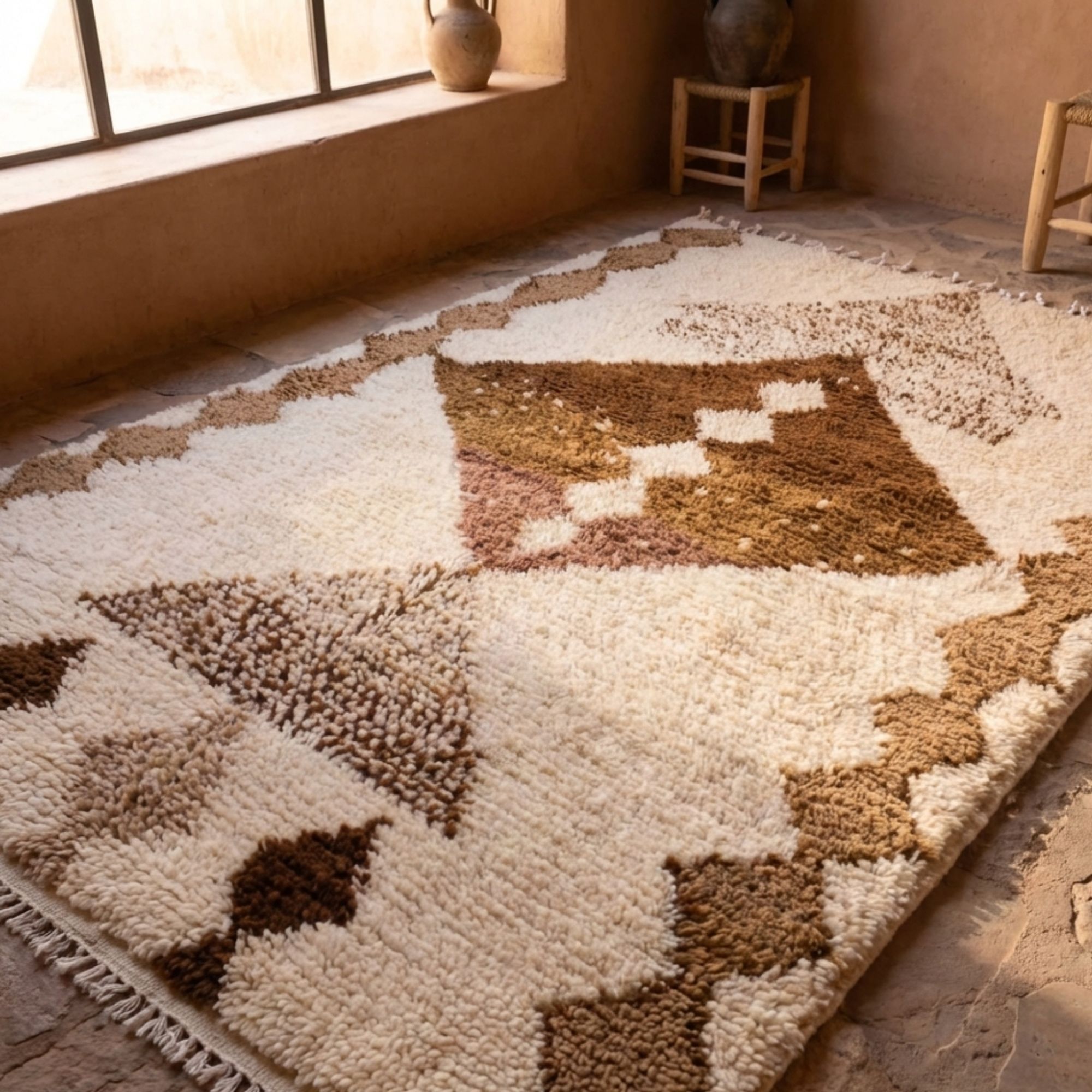 Neutral Beni Ourain Rug — Cream Wool - Hand-knotted Moroccan rug, front view showing Neutral Beni Ourain Rug — Cream Wool texture and colors