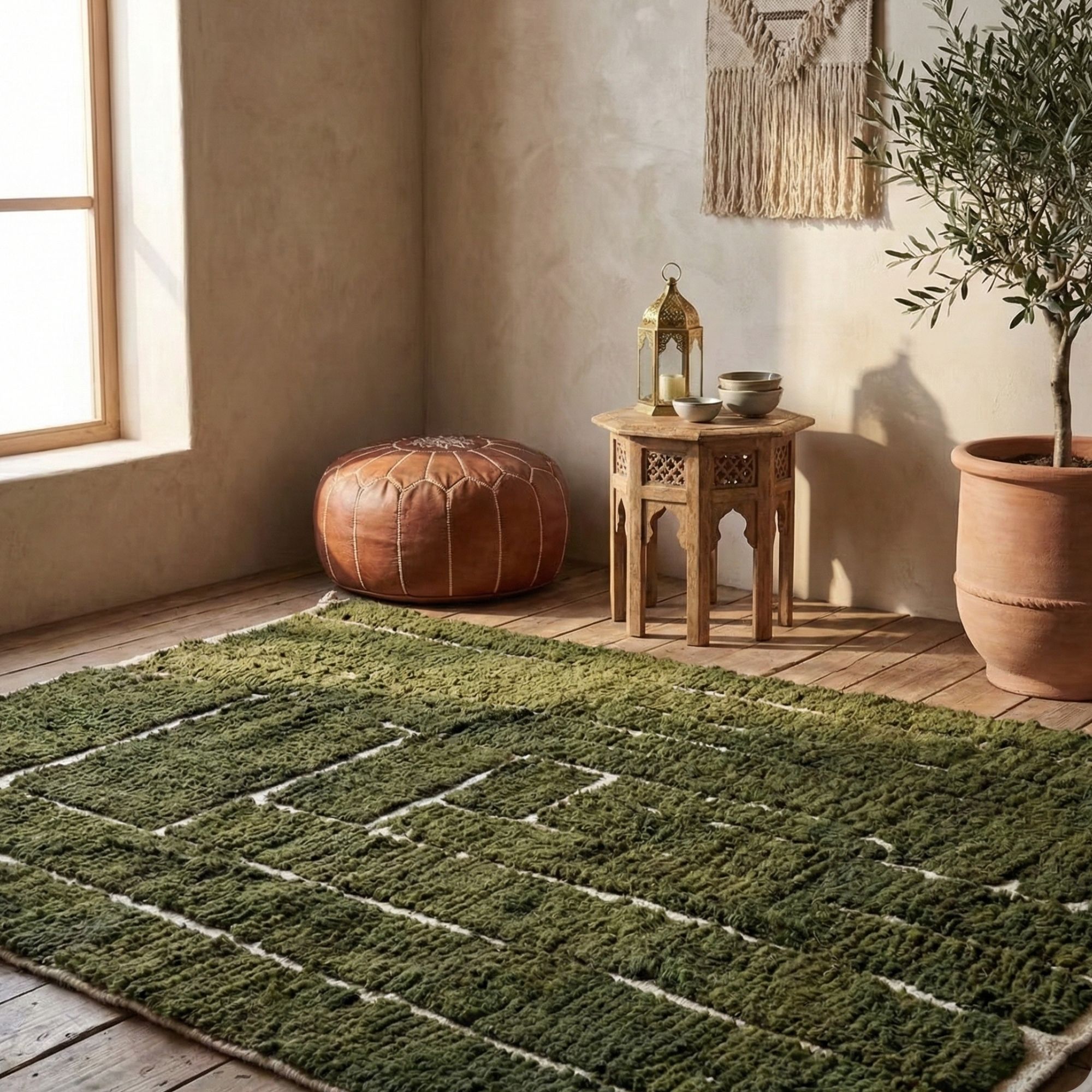 Olive Green Moroccan Rug — Geometric Berber Rug - Hand-knotted Moroccan rug, front view showing Olive Green Moroccan Rug — Geometric Berber Rug texture and colors